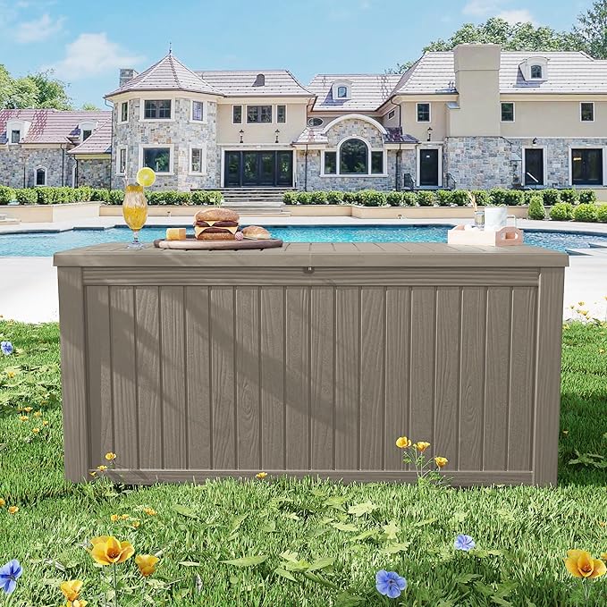 200 Gallon Outdoor Storage Bench Waterproof - Resin Deck Storage Chest for Patio & Pool, Lockable Outdoor Storage Box for Cushions & Tools, UV-Resistant, Granite Grey