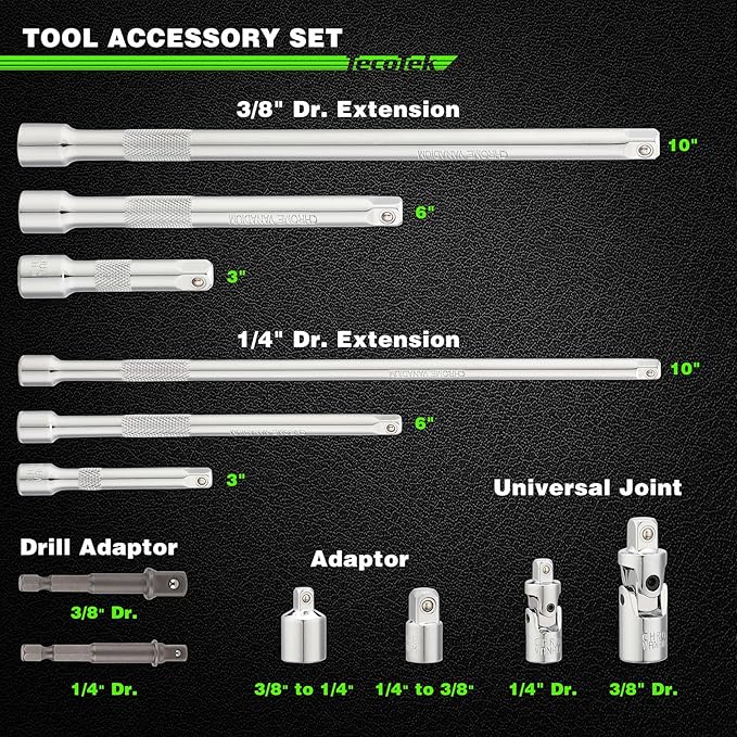 17-Pieces Drive Tool Accessory Set, Spark Plug Socket Set, Includes 1/4" & 3/8” Drive Extension Bar, Socket Adapter, Universal Joints, Spark Plug Sockets, Professional Socket Accessories, Cr-V