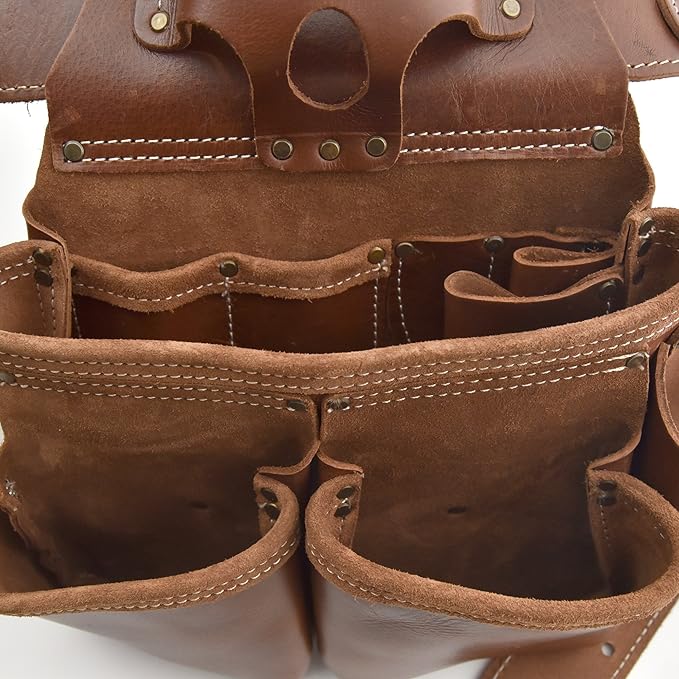 Style n Craft - 4 Piece and 19 Pockets Pro Framer’s Combo, Tool Belt with 2 Tool Pouches and 1 Pliers and Hammer Holder, Full-Grain Leather Carpenter Tool Belt Combo, Dark Tan (98444)