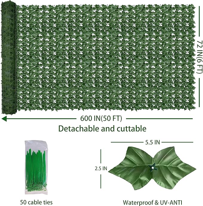 Artificial Fence Privacy Screen: 6FT x 50FT UV-Anti Faux Greenery Backdrop Ivy Chain Link Shades Panels for Patio, Balcony, Garden,Deck,Backyard Indoor Outdoor Green Wall Decor