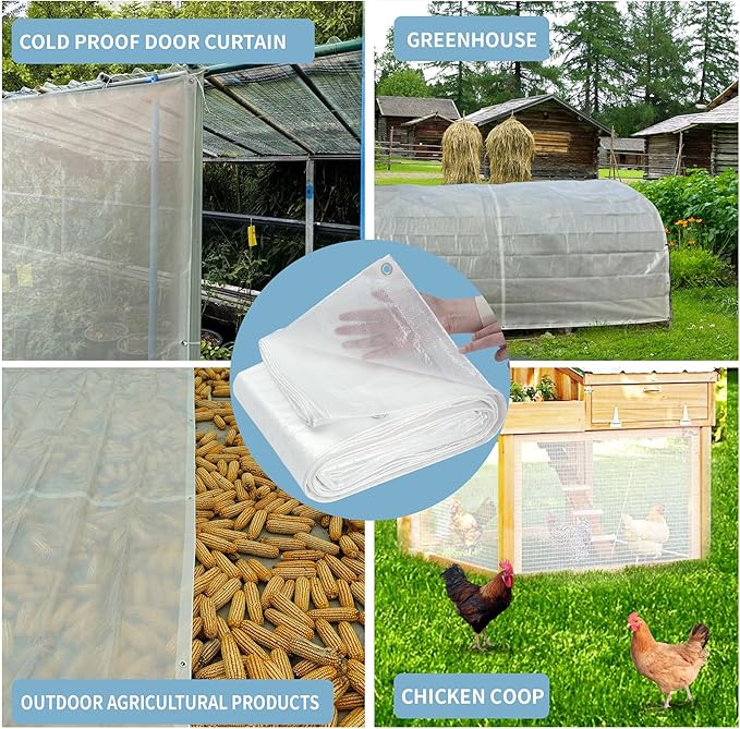 TARPAL 8'x20' Semi Clear White Tarp Waterproof Green House Cover with Grommets 7.5mil Clear Poly tarps for Gardening,Farm, Garden,Chicken Coops，Outdoor