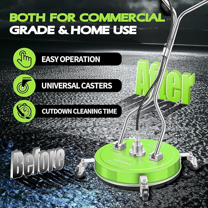 20" Pressure Washer Surface Cleaner with 4 Wheels - Coated Green Dual Handle Stainless Steel Surface Cleaner for Pressure Washer Attachment for Concrete, Patio, Sidewalk, Deck and Driveways - PWS20G
