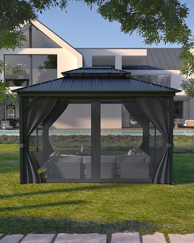 12x14 Ft Hardtop Gazebos with Heavy Duty Double Roof, Nettings and Curtains Galvanized Steel Outdoor Gazebos for Patio, Backyard, Deck, Lawn (Grey)