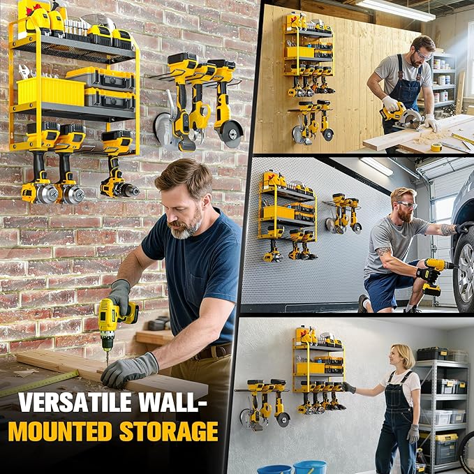 Power Tool Organizer Wall Mount with Extra Drill Holder, Yellow & Black Garage Storage Combo with Battery Storage, 4 Drill Slots Total, Heavy Duty Steel Tool Rack for Workshop Garage