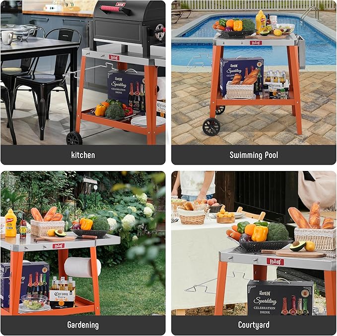 Movable Outdoor Grill Table Cart, Pizza Oven Table with Wheels, Stainless Steel Countertop with Foldable Extension Table, Versatile Food Prep Grill Cart for Outdoor BBQ Cooking