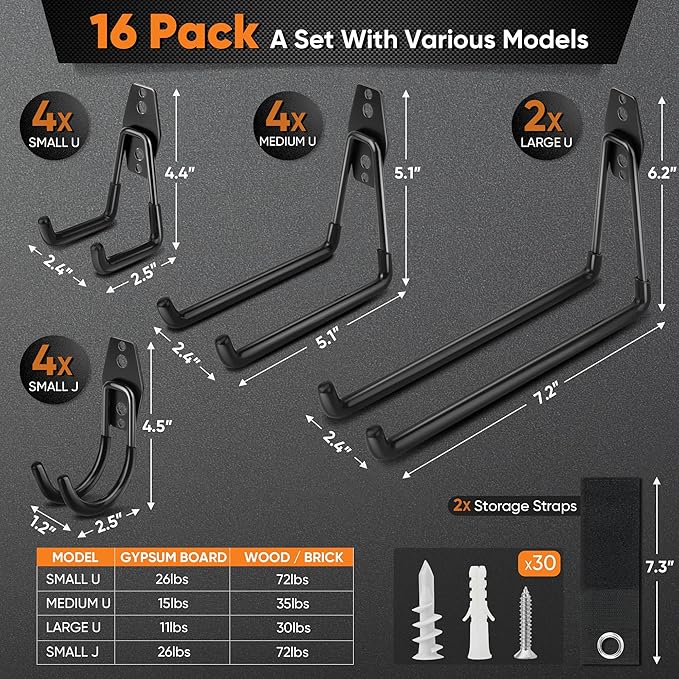 Nacial 16 Pack Garage Hooks Heavy Duty, Utility Steel Garage Storage Hook with 2 Storage Straps, Utility Garage Wall Mount Hooks for Hanging Bike, Ladder and Garden Tools, Perfect for Father Day Gifts