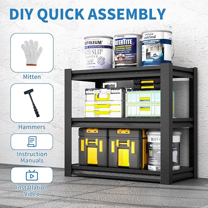 3-Tier Metal Shelf, Small Storage Shelves Heavy Duty Garage Shelving Organization, Utility Tool Storage Racks for Workshop Basement Kitchen Balcony (Black)