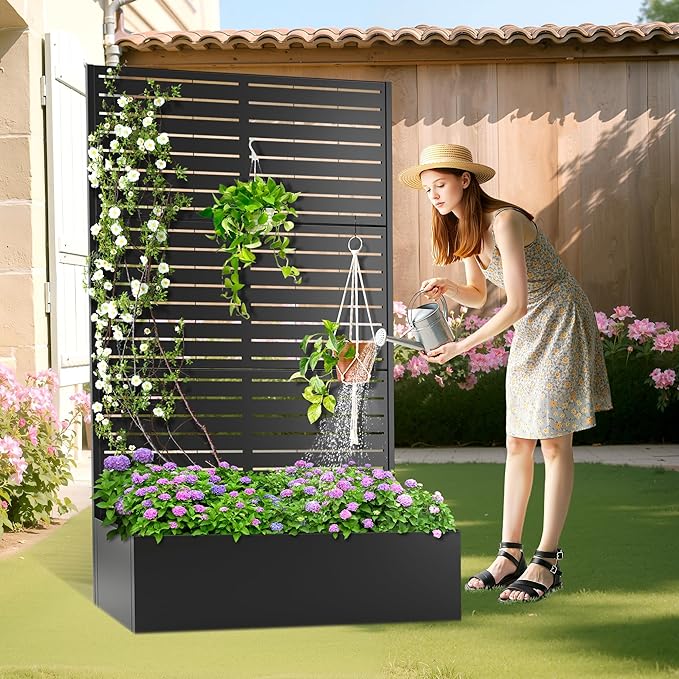Metal Planter Box with Trellis, Heavy-Duty Raised Garden Bed for Climbing Plants, Drainage Hole, Outdoor Planter Box with Privacy Screen，47''L×16''W×71''H