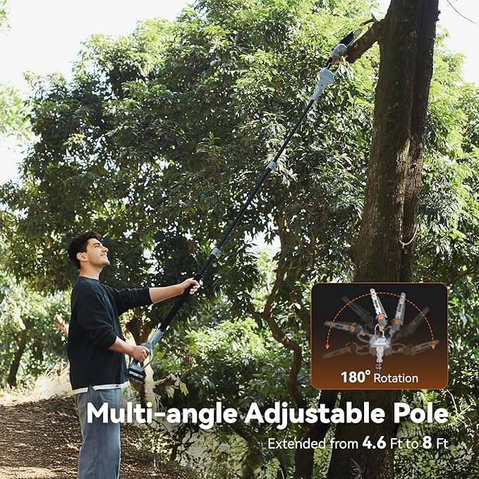 2-in-1 Pole Saw for Tree Trimming, 8 Inch Cordless Mini Chainsaw with Extension Pole, Brushless Motor, with 2 x 4.0 Ah Batteries & Charger, Auto Lubrication, 15 Ft Max Reach