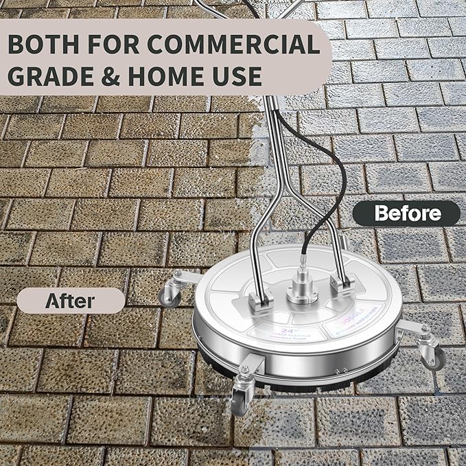 24" Pressure Washer Surface Cleaner with 4 Wheels - Stainless Steel Dual Handle Surface Cleaner for Pressure Washer Attachment for Concrete, Patio, Sidewalk, Deck and Driveways - PWS 24
