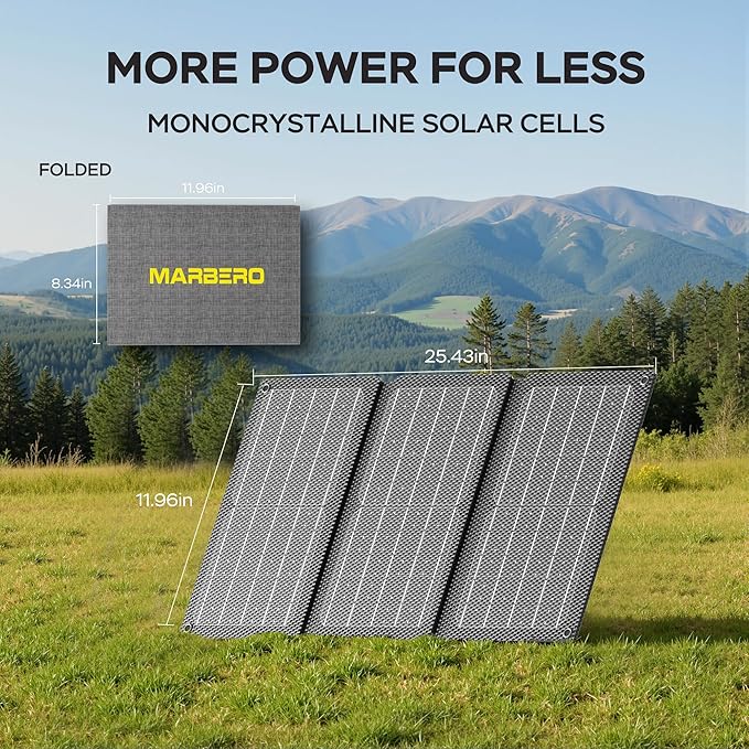 MARBERO Solar Powered Generator 155Wh with 30W Foldable Solar Panels 100W AC Output Lithium Battery Portable Power Station with AC DC and USB Outputs for Camping Emergency Home Backup Blackout Hiking