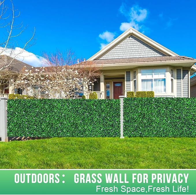 12PCS Grass Wall Panel with Flowers, 20x20inch Boxwood Panels, Grass Backdrop of Covering 33.33SQFT, UV Protected Wall Backdrop for Outdoor Garden and Indoor Home Wedding