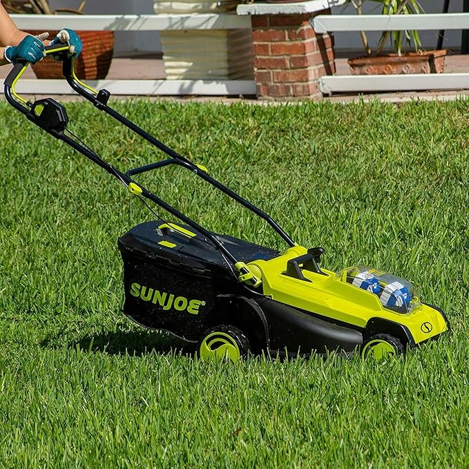 Sun Joe 24 Volt 17 Inch Mulching Walk Behind Lawn Mower with 11 Gallon Grass Catcher, 6 Position Height Adjustment, Battery and Charger, 24V-X2-17LM