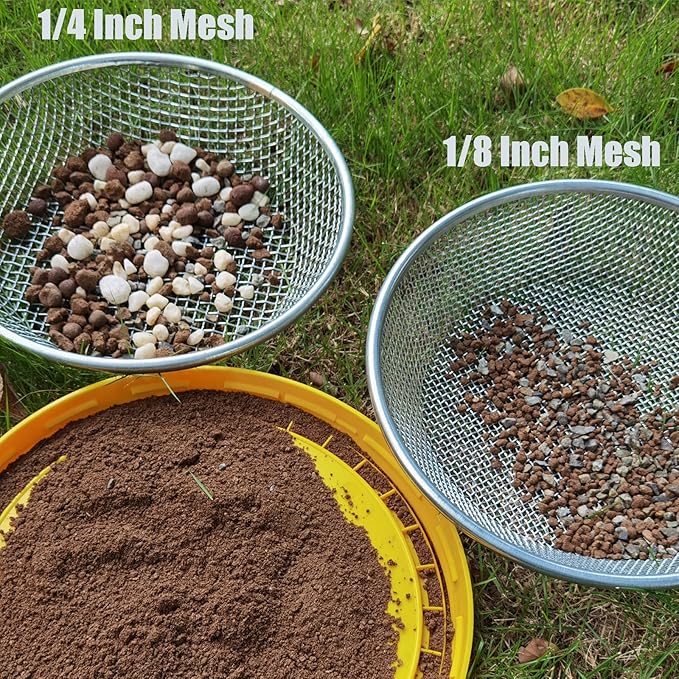 2PCS YUEBM Gardening Sand Soil Compost Sifter Perfect for 5 Gallon Bucket, 1/4 Inch Mesh, 1/8 Inch Mesh