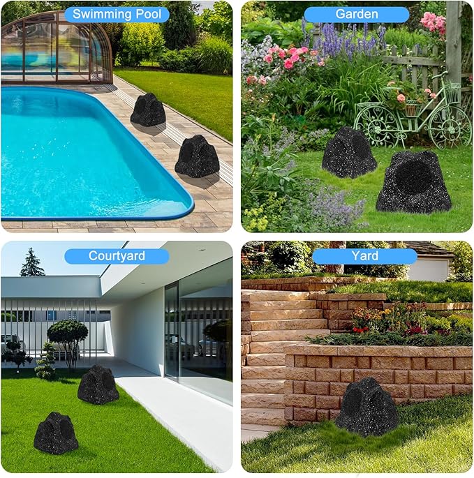 Herdio 8" Outdoor Rock Passive Speakers 600 Watt,IPX7 Waterproof,Hardwired, for Pool,Garden,Deck,Outdoor Activities (Black,Pair)
