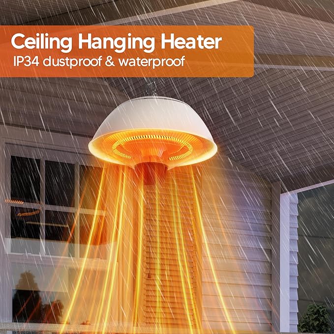 Electric Outdoor Heater, 1500W Outdoor Hanging Heater, Ceiling Mounted Infrared Patio Heater for Outdoor Use, Waterproof Electric Heater for Porch, Balcony, Garage, Adjustable Height, White