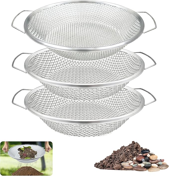 3PCS Soil Sifter for Gardening, Rock Sifter for 5gallon Bucket, Dirt Sifter Compost Sifter, Sifter for Gravel Sawdust Vermicompost, 3mm, 6mm,8mm, Soil Sifter with Handle