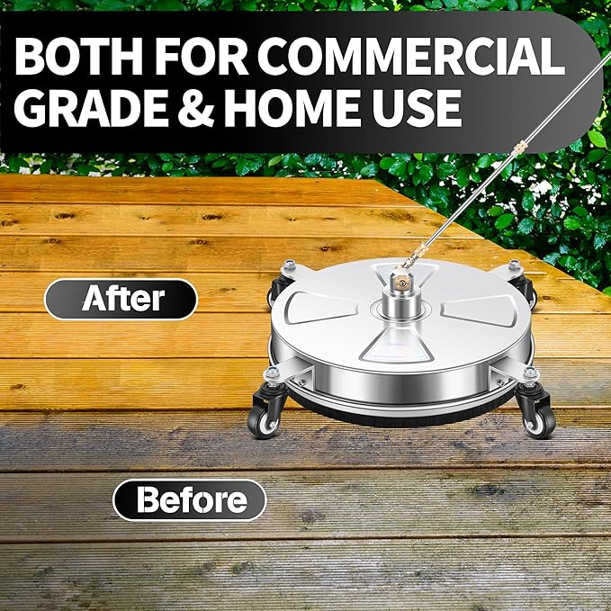 15" Pressure Washer Surface Cleaner with 4 Wheels - Stainless Steel Surface Cleaner for Pressure Washer Attachment for Concrete, Patio, Sidewalk, Deck, Driveways and Daily Washing - PWS 15