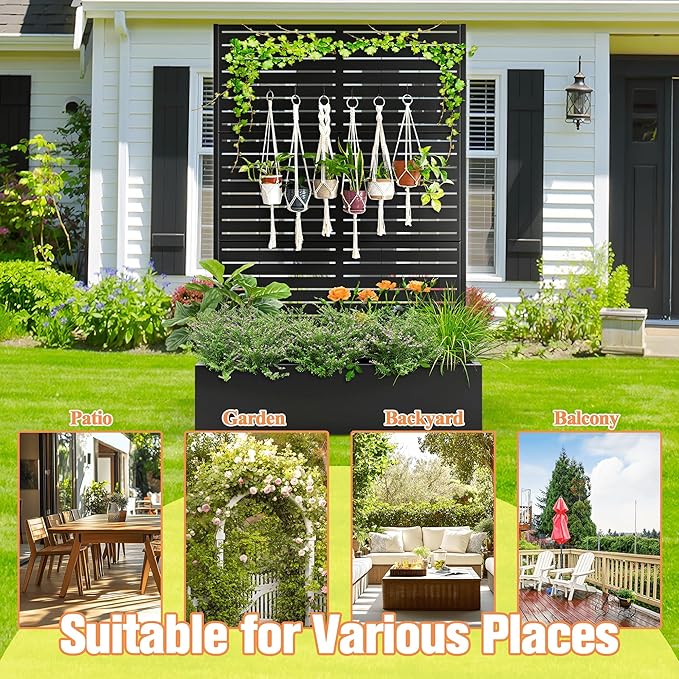 Metal Planter Box with Trellis Raised Garden Bed with Trellis 71"x47"x16", Trellis with Planter Box & Privacy Screen, Metal Planter Box for Climbing Plants, Vegetable, Vines(Black, Louvered)