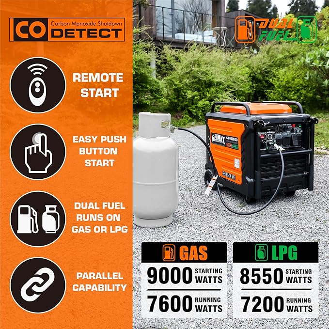 GENMAX Portable Generator, 9000W Super QuietDual Fuel Portable Engine with Parallel Capability, Remote/Electric Start, Ideal for Home backup power.EPA Compliant (GM9000iED)