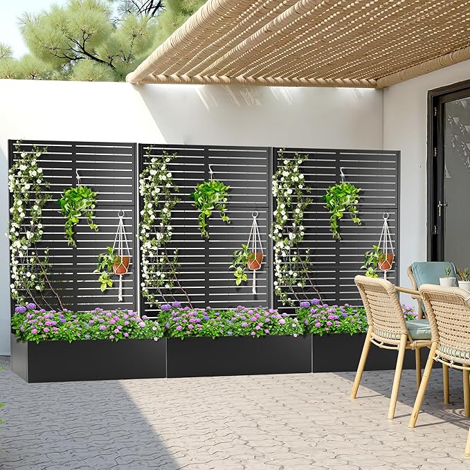 Metal Planter Box with Trellis, Heavy-Duty Raised Garden Bed for Climbing Plants, Drainage Hole, Outdoor Planter Box with Privacy Screen，47''L×16''W×71''H