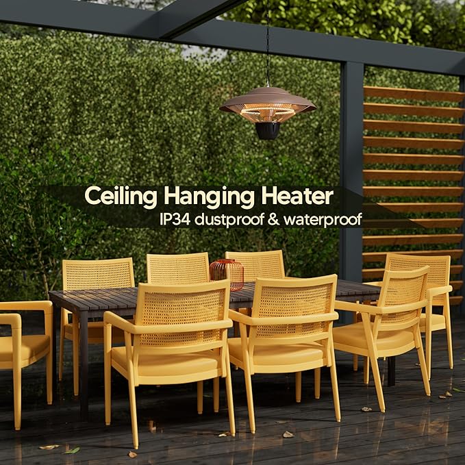 Patio Heater for Outdoor Use 1500W Electric Infrared Hanging Heater, Ceiling Mounted, Waterproof for Porch, Garage, Balcony, Overheat Protection Brown