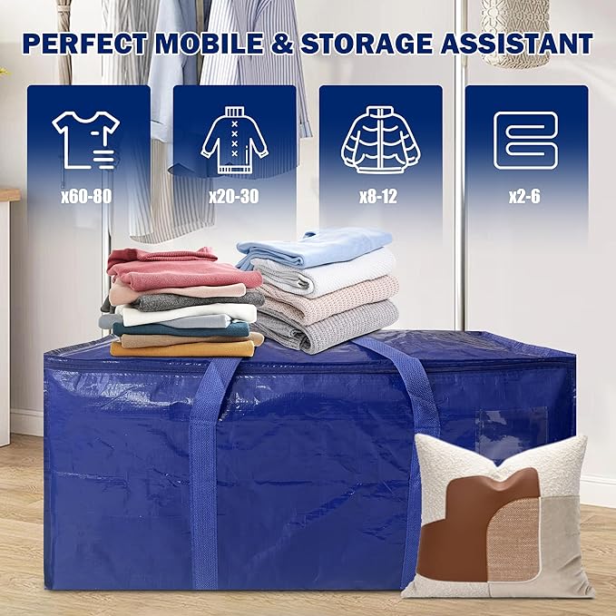 12 Pack Extra Heavy Duty Large Moving Bags with Strong Zipper & Carrying Handles, Sturdy Clothes Storage Bags Totes Bins, Packing Bag Move Boxes College Moving Supplies, Dark Blue - 24 gal