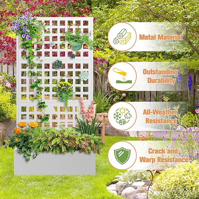 Metal Planter Box with Trellis & Wheels, Raised Garden Bed with Privacy Screen, Outdoor Standing Flower Beds with Drainage Hole for Climbing Plants, Vine, 35" Lx16 Wx71 H