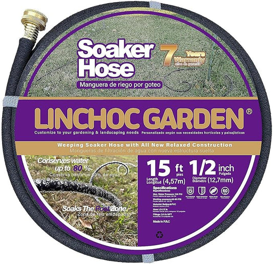 LICNCHOC GARDEN Soaker Hose 15 ft,1/2 INCH Flexible Durable Garden Hose for Efficient Watering, Leak-Proof Design 100% Recycled Rubber,Ideal for Lawns,Gardens & Flower Beds