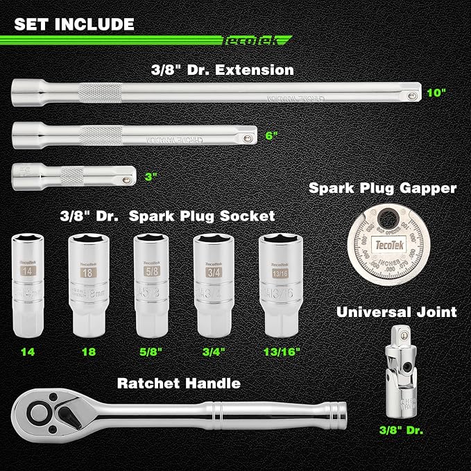 11-Piece Spark Plug Socket Set with 3/8" Drive Ratchet Handle, Spark Plug Gapper, Universal Joint and Extension Bar, 5/8", 3/4", 13/16", 14mm, 18mm, CR-V Sockets with Rubber Retaining Rings