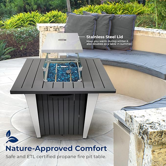 Outdoor Propane Fire Pit Table - CSA/ETL Certified 50,000 BTU Pulse Ignition Weatherproof Rectangle Propane Gas Fire Table w/Adjustable Flame - Glass Wind Guard, Glass Rocks - SereneLife SLNFLGA5