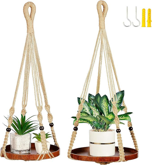 2 Pack Macrame Plant Hanger | Plant Hanger Indoor, Hanging Planter Shelf | Hanging Planter (Jute) (1 Large + 1 Medium)