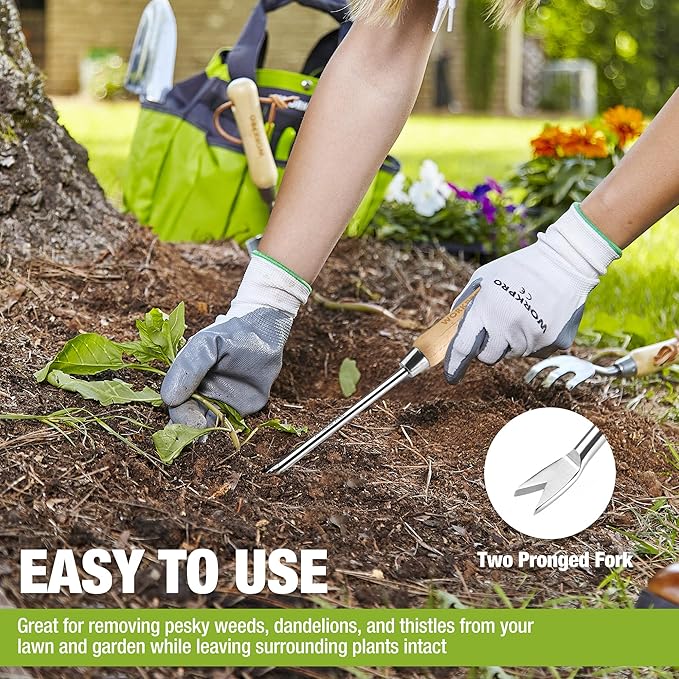 WORKPRO Dandelion Weeder Puller Tool with Wood Handle, Polished Stainless Steel Garden Weed Remover Tool, Two-Pronged Fork Weeder Tool for Lawn Farmland Transplant Gardening Plant Tool