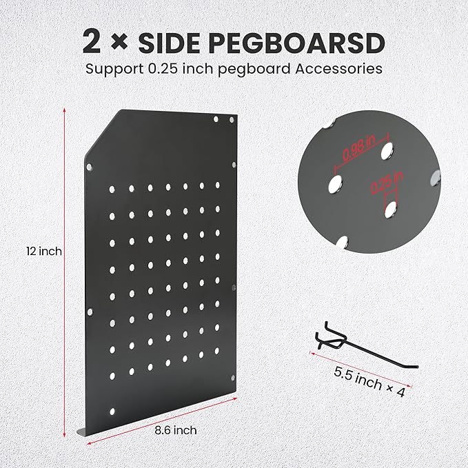 TRZZ 2-in-1 Power Tool Organizer Wall Mount, 3-Layer Drill Holder with 2 Side Pegboards, 8 Drill Holders, 4 Hooks, and 1 Drill Bit Rack, Tool Storage for Garage, Workshop, and Tool Room (Black)