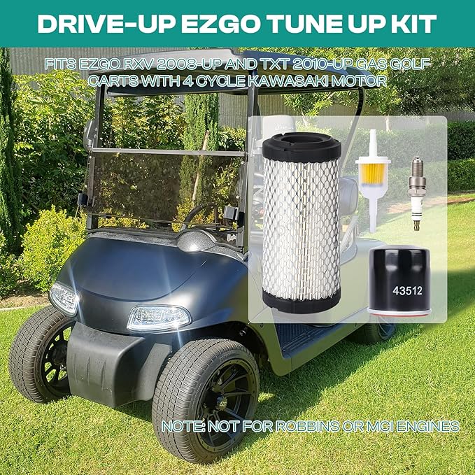 Drive-up EZGO Tune Up Kit for 2008-Up RXV and 2010-Up TXT Gas Golf Cart w/ 4 Cycle Kawasaki Motor with Air Filter Fuel Filter Oil Filter Spark Plug, 13.5 hp Engine Maintenance Kit for EZGO Models