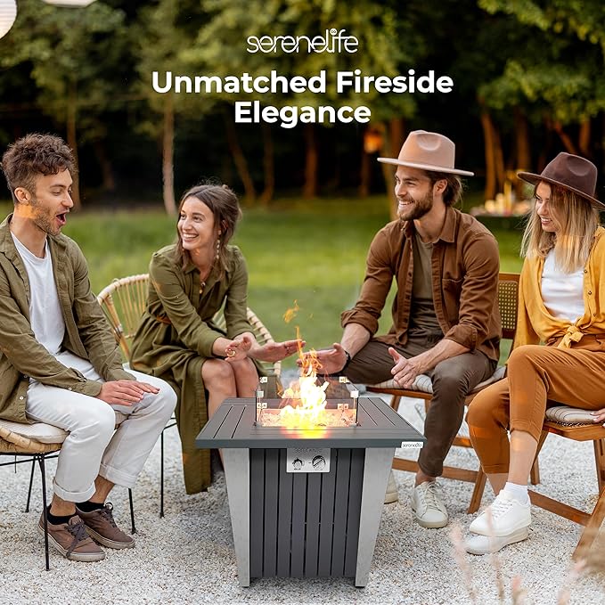 SereneLife Propane Fire Pit Table with Sturdy Metal, Gas Pits with 50,000 BTU and Stainless Steel Fire Pan, Includes Decorative Glass Rocks, Weather Cover, CSA Certified for Outdoor Fireplaces