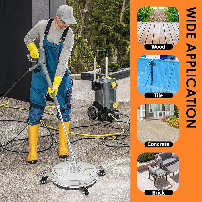 14" Pressure Washer Surface Cleaner, Stainless Steel Power Pressure Washer Attachment for Concrete, Patio, Driveway, Deck Cleaning, 2 Extension Wand Accessories, 1/4" Quick Connect, 4000 PSI
