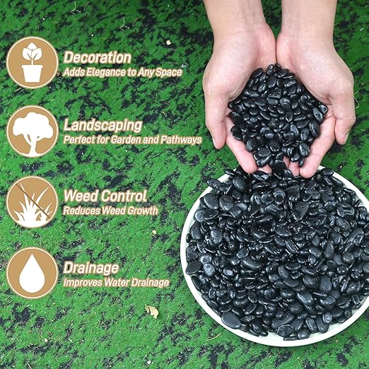 2lb Black Rocks for Planters- 1/4" - 3/4" Polished Black Stones Smooth Flat Pebbles for Fish Tanks Decorative River Rocks for Vases Bonsai Pots Garden Stones for Landscaping and Yards