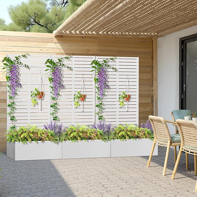 Metal Planter Box with Trellis, Heavy-Duty Raised Garden Bed for Climbing Plants, Drainage Hole, Outdoor Planter Box with Privacy Screen，35''L×16''W×71''H