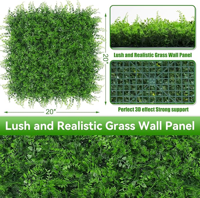 20"x20" 8pcs Grass Wall Panels, Artificial Fern Grass Backdrop with UV Protection, Fake Greenery Plant Boxwood Panels, Green Wall Decor for Outdoor Indoor Patio Garden Backyard