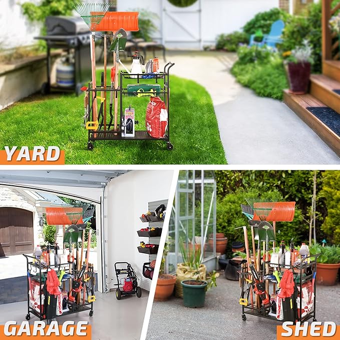 PLKOW Garden Tool Organizer with Wheels, Garden Tool Rack, Yard Tool Holder for Rakes, Shovel, Fertilizer, Garden Tool Storage for Garage, Shed, Outdoor