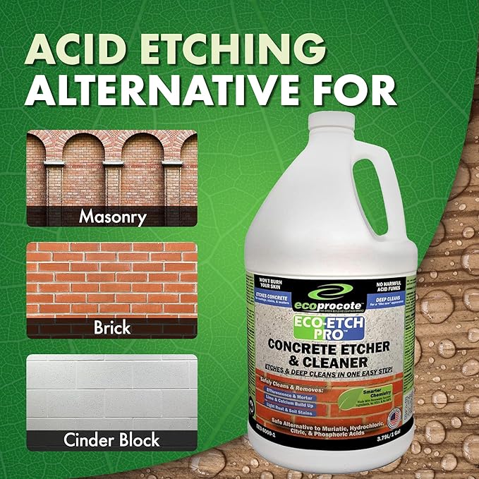 Eco Etch Pro Concrete Cleaner & Etcher Dissolver - Efflorescence, Rust & Dirt Remover from Brick, Driveway, Garage - Gentle Substitute for Citric & Muriatic Acid - Non-Toxic & Safe - 1 Gallon