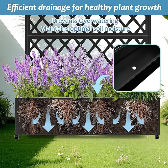 Metal Planter Box with Trellis & Wheels, Raised Garden Bed with Privacy Screen, Outdoor Standing Flower Beds with Drainage Hole for Climbing Plants, Vine, 35.4" L x 15.7" W x 70.9" H, Black
