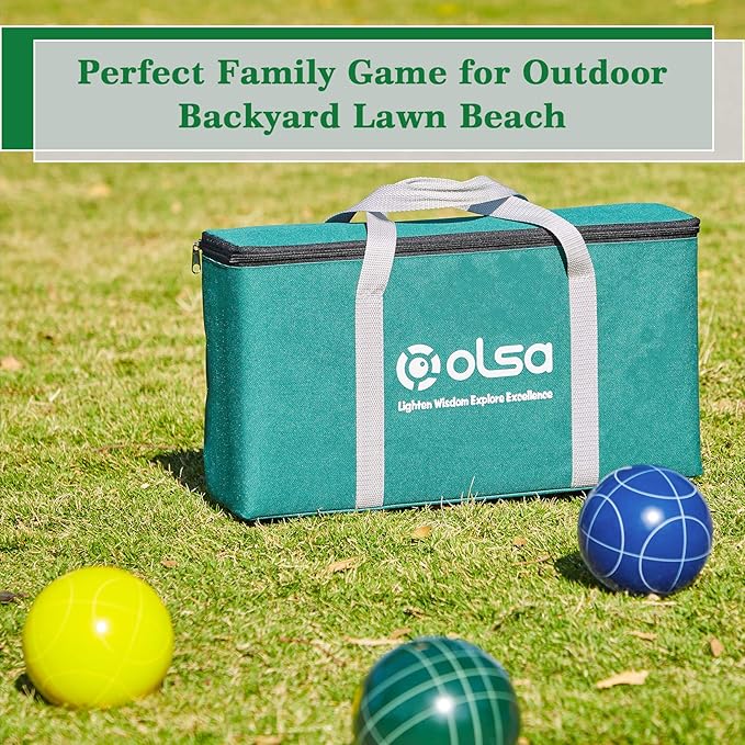 Olsa 90/100/107mm Bocce Balls Set Outdoor Games,Bocci Ball Yard Games Backyard Game Set with 8 Poly-Resin Balls, 1 White Pallino, Premium Carrying Bag, Outdoor Game for Adults Family