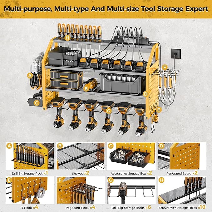 LBT Power Tool Organizer With Charging Station,Patented,Heavy Duty Steel,6 Drilling Rig Sizes With Hooks And Screw Boxes,6 sockets,Easy To Install Garage Storage Rack,Great Gift For Men, Yellow