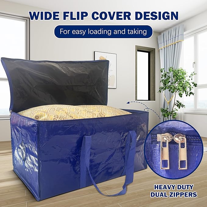 16 Pack Extra Heavy Duty Large Moving Bags with Strong Zipper & Carrying Handles, Sturdy Clothes Storage Bags Totes Bins, Packing Moving Boxes College Supplies, Dark Blue - 40 gal