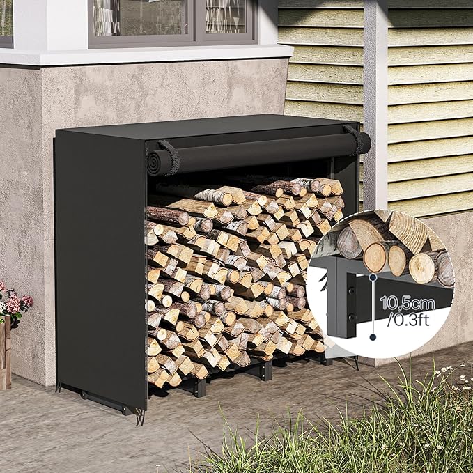 HOOBRO 4FT Firewood Rack with Cover, Outdoor Firewood Log Rack, Adjustable Log Holder with Waterproof Cover, Fireplace Wood Storage, Heavy Duty Wood Holder, for Indoor and Outdoor, Black BB01CH02