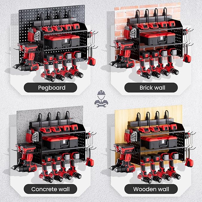 TRZZ Power Tool Organizer Wall Mount, 3-Layer Charging Station with 8 Outlets, 6 Drill Holders and Drill Bit Rack, Efficient and Organized Storage for Garage, Workbench, and Workshop (Black)