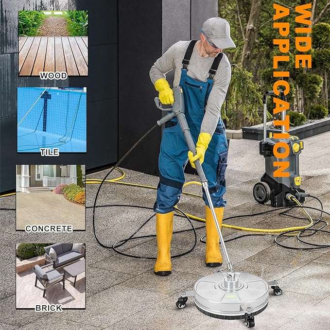 16" Pressure Washer Surface Cleaner, Stainless Steel Power Pressure Washer Attachment for Concrete, Driveway, Patio, Deck Cleaning, with 4 Wheels, 1/4" Quick Connect, 2 Extension Wand, 4000PSI