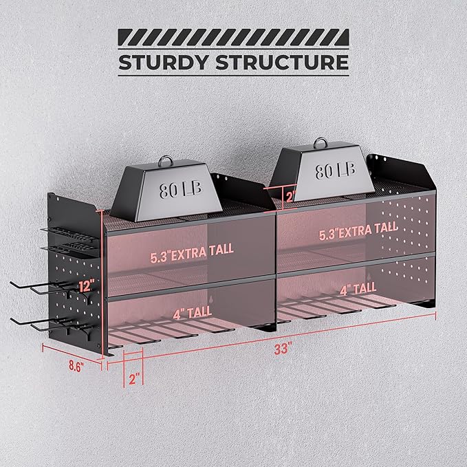 TRZZ 2-in-1 Power Tool Organizer Wall Mount, 3-Layer Drill Holder with 2 Side Pegboards, 8 Drill Holders, 4 Hooks, and 1 Drill Bit Rack, Tool Storage for Garage, Workshop, and Tool Room (Black)